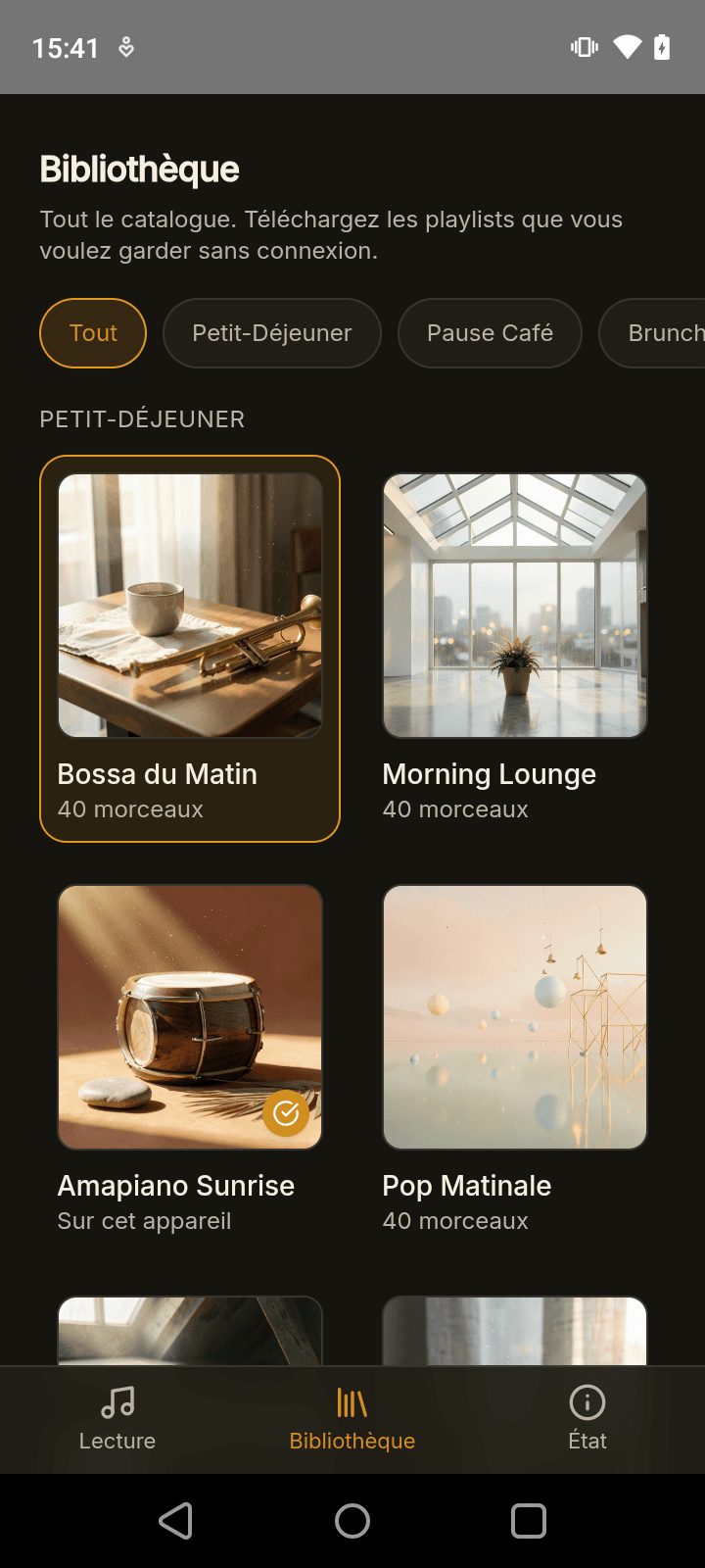 Bibliothèque de l’application Android Bourdonia avec une playlist disponible hors connexion