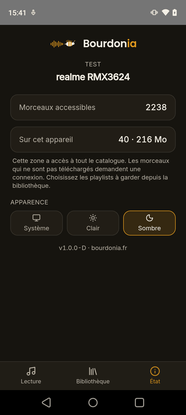État du catalogue et du stockage dans l’application Bourdonia